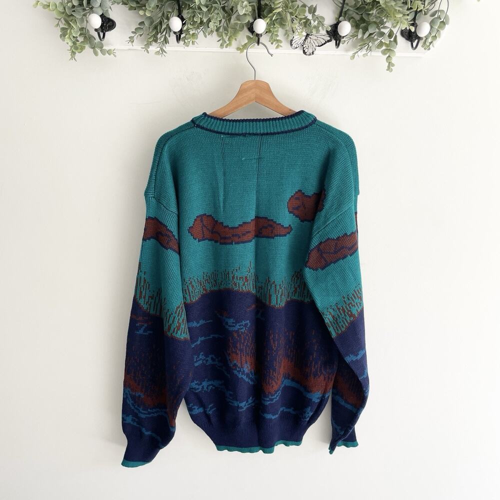 Rugged Sportswear South Mountain Blue Green Duck Embroider Vintage Sweater Sz XL - Picture 2 of 4